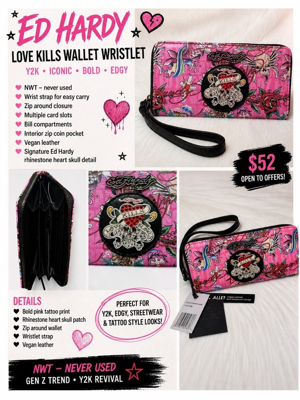 Ed Hardy Pink Love Kills Wallet Wristlet Y2K Skull Heart NWT